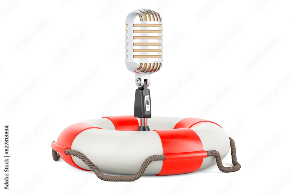 Poster retro microphone with lifebelt. 3d rendering