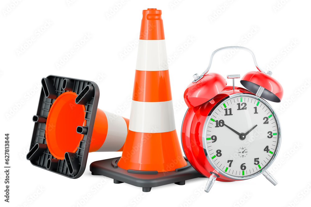 Poster Traffic Cones with alarm clock, 3D rendering