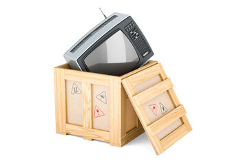 Retro TV set inside wooden box, delivery concept. 3D rendering