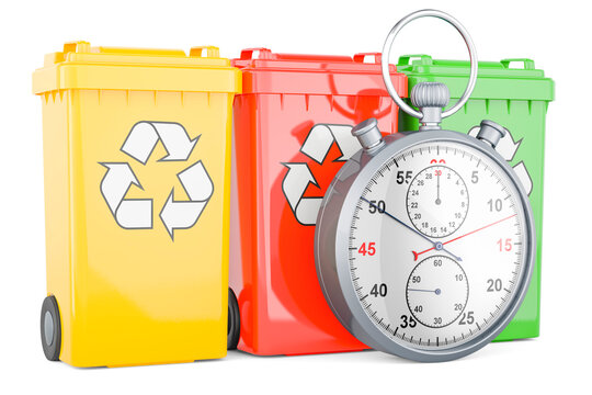 Colored recycling trash cans with stopwatch, 3D rendering