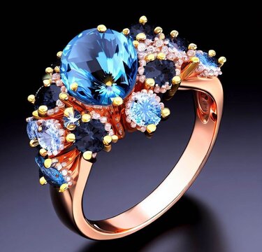 a ring with a blue topaz surrounded by light and dark blue colored stones, a digital rendering, featured on deviant art, cloisonn&eacute;'s, made of crystals, rich color palette, photorealistic