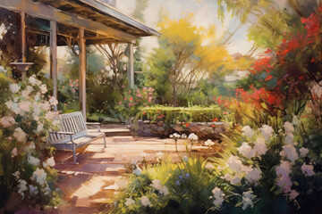 Fototapeta na wymiar Tranquil Garden Oasis: Sunlit Scene with Loose Brushstrokes and Dappled Colors Created with Generative AI