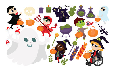 Set children in Halloween costumes and plant leaves, candy, pumpkin, castle, potion, poison, bottles, eye, lollipop, basket, skull, candles, bat in cartoon style on a white background.