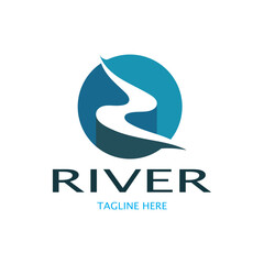 River logo, creeks, riverbanks and streams, with combination of mountains and farmland with vector concept design.