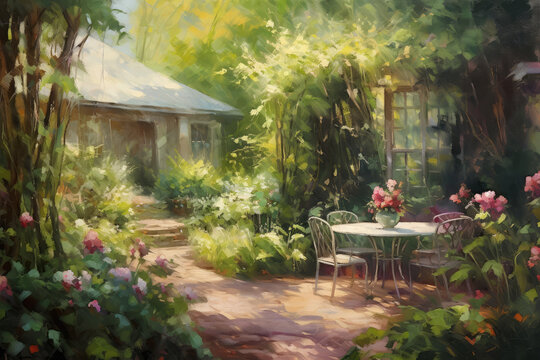 Tranquil Garden Oasis: Sunlit Scene with Loose Brushstrokes and Dappled Colors Created with Generative AI