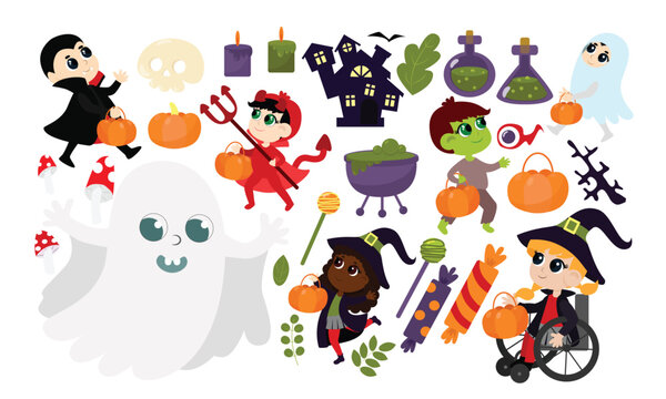 Set children in Halloween costumes and plant leaves, candy, pumpkin, castle, potion, poison, bottles, eye, lollipop, basket, skull, candles, bat in cartoon style on a white background.