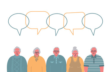 Senior people community. Communication of elderly men and elderly women. People icons with speech bubbles. Vector illustration