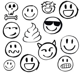 Emojis, different expressions, faces. Afraid, confused, gleeful, happy, star-eyed, in love, crazy, tongue out. Blinking eyes. Hand drawing with marker pen. Brush, isolated on white background.