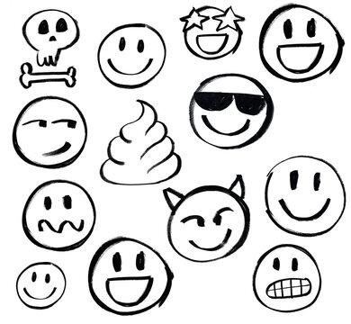 Emojis, different expressions, faces. Afraid, confused, gleeful, happy, star-eyed, in love, crazy, tongue out. Blinking eyes. Hand drawing with marker pen. Brush, isolated on white background.