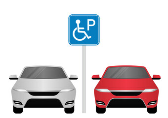 Car Parked at Handicapped Parking Area. Disabled Parking Space. Wheelchair Parking Space for Disabled People. Vector Illustration. 