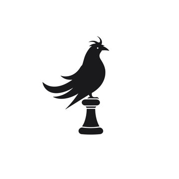Bird silhouette on white background, vector illustration. Silhouette of a bird standing on a chess piece.