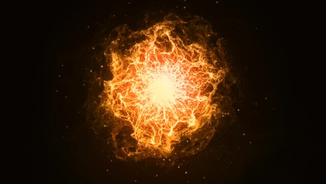 abstract glowing orange yellow particle energy magic orb animation on dark background,  4k seamless loop, animated bursting star