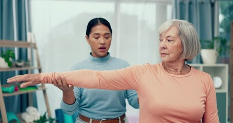 Physiotherapy, exercise or old woman stretching arms to help physical therapy for mobility rehabilitation. Elderly person, chiropractor or physiotherapist healing workout for shoulder muscle injury - Powered by Adobe