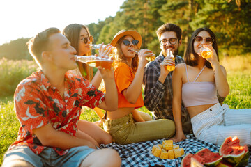 Group of happy friends at a picnic in the park on a green lawn laughing, having fun outdoors. The concept of people, lifestyle, travel, vacation, nature