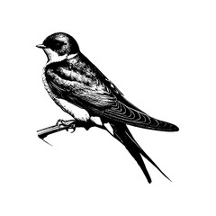 Swallow Bird Sitting on Branch Detailed Sketch Vector Illustration
