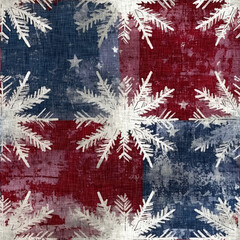 Grunge americana Christmas snowflake red blue white cottage style background pattern. Festive distress cloth effect for cozy winter home decor. 