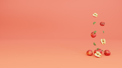 3d rendering realistic apple with whole and slice of apple, social media post with text space.