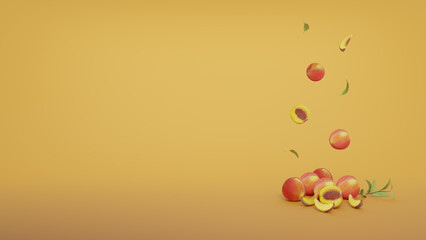 3d rendering Peach fruit, Fresh Fruits, Vitamins. fruit poster with delicious grapes. 3d render artwork illustration with peach.