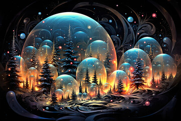 magical forest with fir trees and bubbles. 