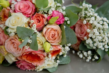 Bride's bouquet of fresh flowers. Close-up. Soft focus.