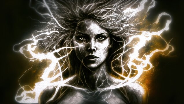 A beautiful face portrait of a powerful yogi woman who is a mistress of the elements a picture painted with paints with black background black and white image