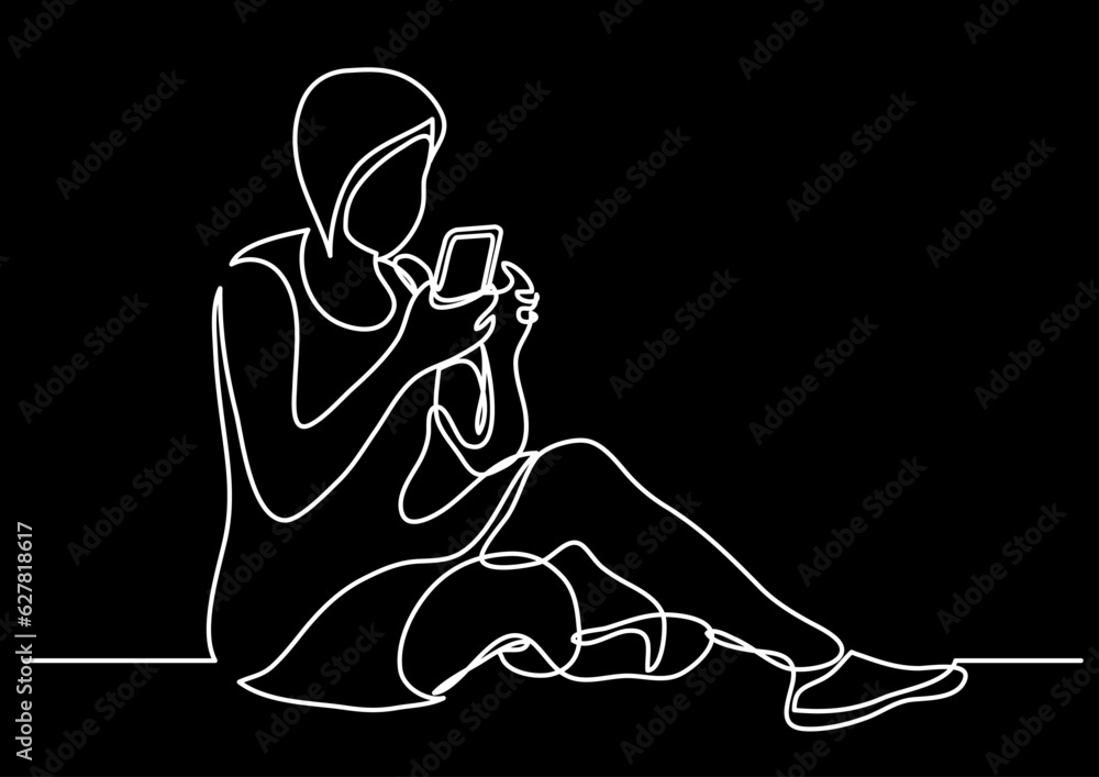 Poster continuous line drawing vector illustration with fully editable stroke of mobile phone usage digital