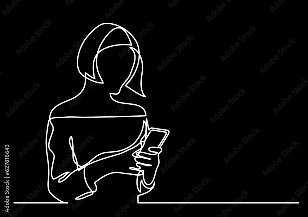 Poster continuous line drawing vector illustration with fully editable stroke of mobile phone usage digital