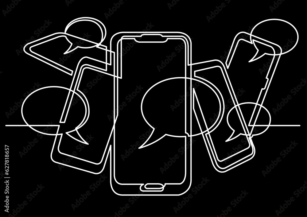 Poster continuous line drawing vector illustration with fully editable stroke of mobile phone usage digital
