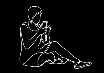 continuous line drawing vector illustration with FULLY EDITABLE STROKE of mobile phone usage digital gadget device smartphone app concept on black background