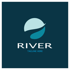 River logo, creeks, riverbanks and streams, with combination of mountains and farmland with vector concept design.