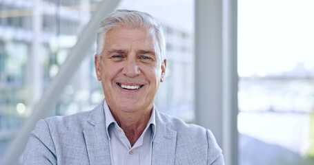 Face, ceo and senior man in office for business in corporate company workplace. Accountant, portrait and happy person, professional and entrepreneur, executive and director from Canada with a smile - Powered by Adobe