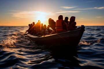 migrants on boat in Mediterranean sea warm summer heat - obrazy, fototapety, plakaty