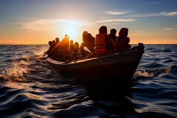 Crédence de cuisine en verre imprimé Europe méditerranéenne migrants on boat in Mediterranean sea warm summer heat
