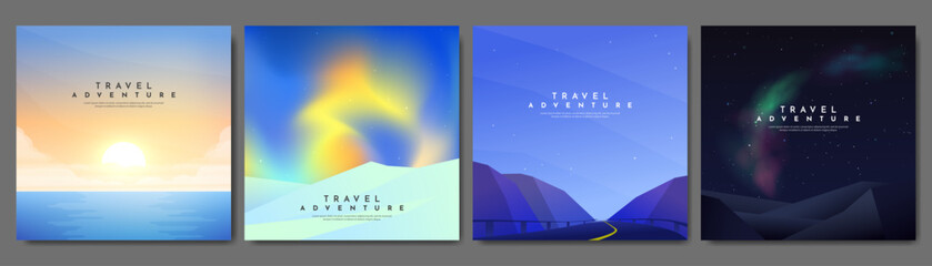 Vector illustration. Set of minimalist landscapes. Geometric flat style. Sunset near water, Arctic mountains, evening scene, night with Northern lights. Polygonal shapes. Futuristic travel concept