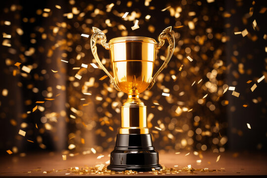 Gold first place winners trophy with falling confetti and streamers