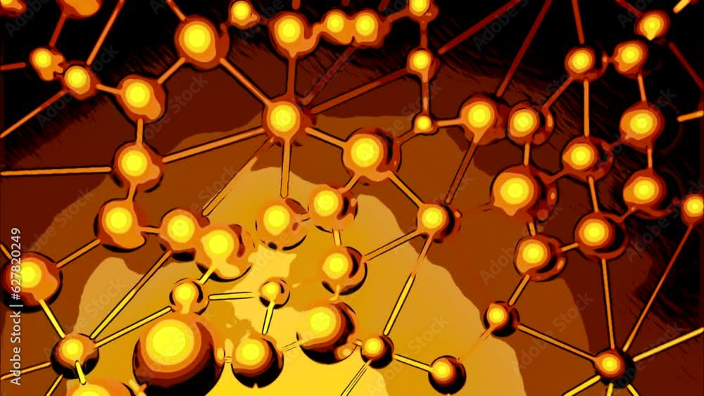 Poster abstract plexus background with metal spheres and lines trembling. design. up and down moving balls 