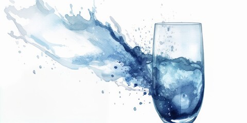 Blue Aquarelle Silhouette of a Pouring Sparkling Glass of Water, Crafted with the Style of Digital Airbrushing, Capturing the Refreshing Essence of This Revitalizing Drink
