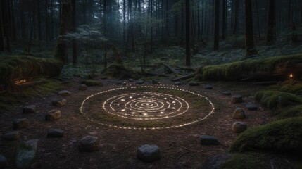 A traA mystic circle drawn on the forest floornquil meditation area - obrazy, fototapety, plakaty