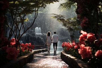 Photograph of couples enjoying romantic moments in botanical gardens, Generative AI