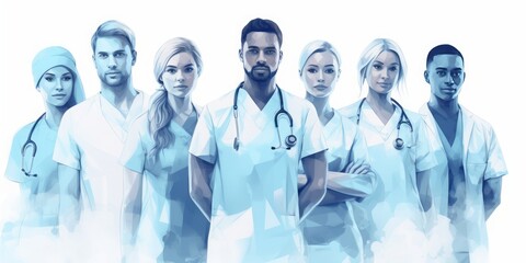  Blue Aquarelle Silhouette of Smiling Young Nurse and Doctors with Arms Crossed, Captured with the Style of Digital Airbrushing, Depicting Dedication in Intensive Care Unit