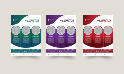 Creative travel flyer layout. Curvy & circle abstract colorful concepts. Trendy multipurpose A4 size brochure template set of 2 unique colors & editable. Space for background image & free qr code.