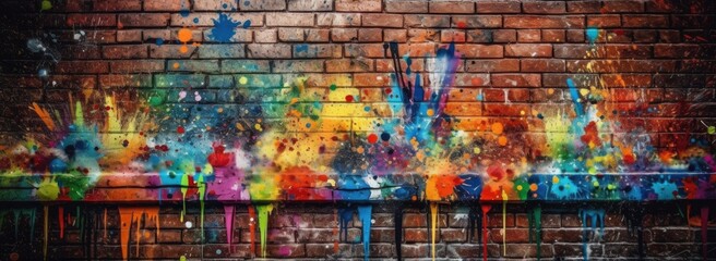Colorful splatter on brick wall