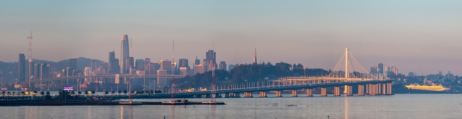 Panoramic skyline of San Francisco and Bay Bridge seen from Emeryville.
