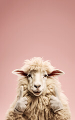 Funny sheep, smiling, pointing fingers above, to empty copy space vertical banner. Generative AI
