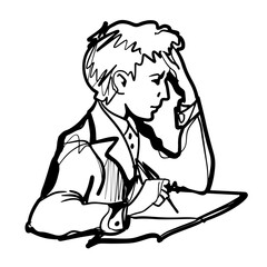 Little boy doing homework by read and writing on his desk. Vector illustration
