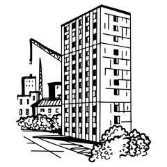 Flat roof house or commercial building in continuous line art drawing style. Modern architecture black linear sketch isolated on white background. Vector illustration	