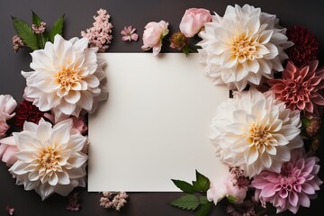 mockup white blank card on a gray background surrounded by white and pink dahlia flowers