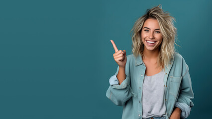 Young woman isolated on green background pointing finger to the side,  woman pointing at copy space