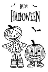 Funny halloween cartoon characters vector illustration. For kids and adults coloring book.