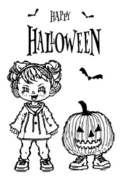Funny halloween cartoon characters vector illustration. For kids and adults coloring book.
